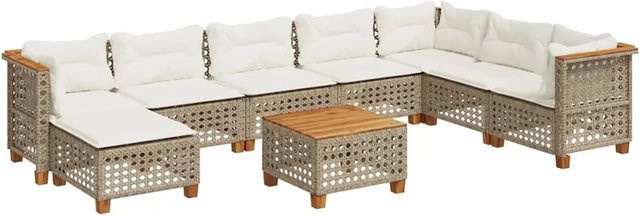 vidaXL 9-tlg. Garten-Sofagarnitur aus Poly-Rattan und Akazienholz in Beige und Cremeweiß - Bild 1