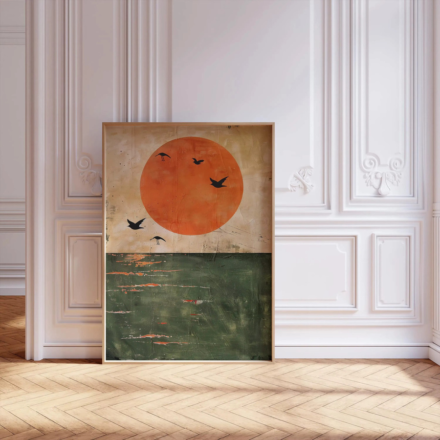 Potdemiel Japandi Poster Minimalistischer Kunstdruck mit Orange Sonne und Grünmeer Szene in Orange und Grün - Bild 2