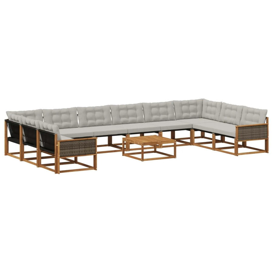 vidaXL Outdoor-Sofagarnitur in U-Form aus massivem Akazienholz mit Textilene und 11 Kissen, Hellgrau - Bild 2
