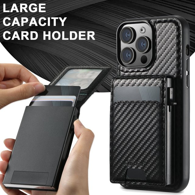 Suteni 2-in-1 Magnetische Handyhülle mit Kartenhalter und Brieftasche aus Carbonfaser-Leder für iPhone 16 Pro Max, 15 Plus, 14, 13 in Schwarz mit MagSafe und kabellosem Laden - Bild 1