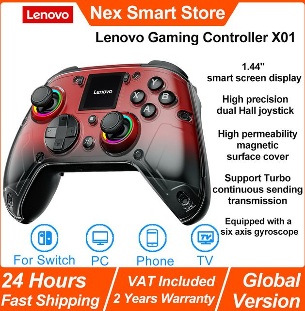 Lenovo X01 Gaming-Controller mit 1,44-Zoll-Bildschirm, kabelloses Bluetooth-Gamepad mit Sechs-Achsen-Doppelvibration, Hall-Trigger und 3 Modi für PC, in Schwarz-Rot - Bild 1