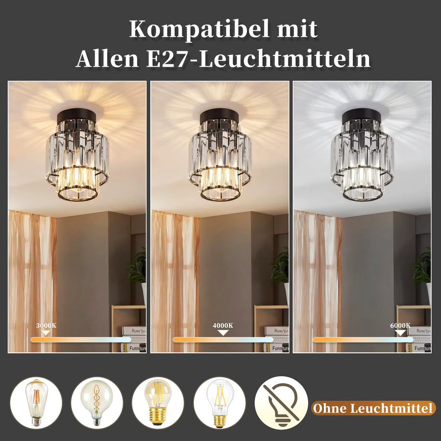 Moderne Kristall Deckenleuchte in Schwarz mit E27 Fassung für Wohnzimmer, Schlafzimmer, Küche und Flur - Bild 4