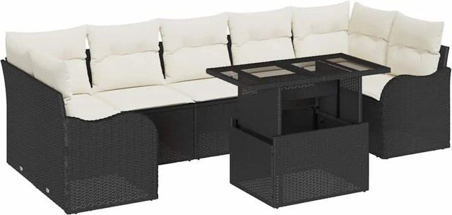 vidaXL Garten-Sofa-Set 8-teilig in L-Form mit Kissen, Schwarz und Beige, Poly-Rattan und Metallgestell - Bild 1