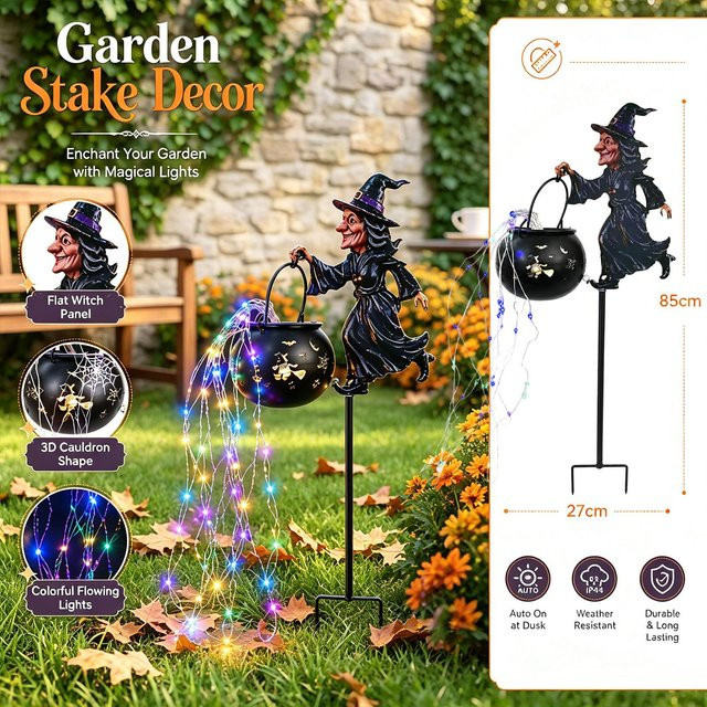 77Factoryz Hexenkessel Gartenlicht mit Leuchteffekt für Halloween und Außendekoration in Beige und Schwarz - Bild 1