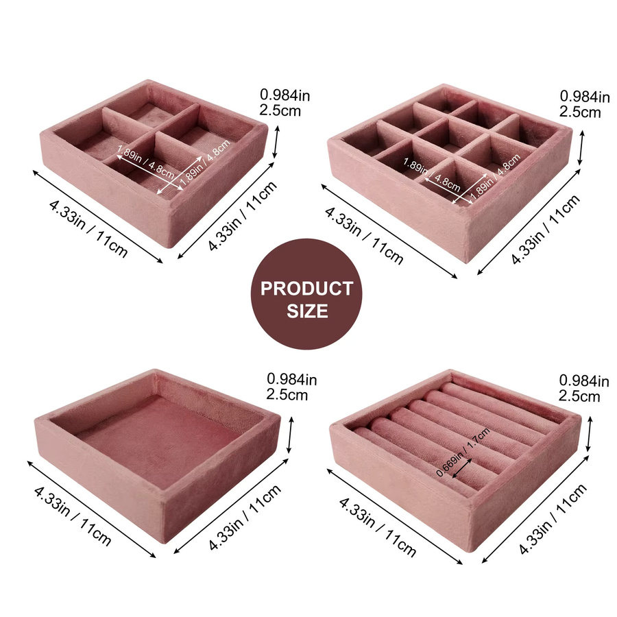 Stapelbares Schmuck-Organizer-Tablett aus Samt in Pink mit mehreren Gittern für Ohrringe und Ringe - Bild 3