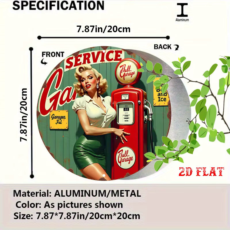 Potdemiel Vintage Pin-Up Girl Gaspumpe Metallschild Rund, Garagendekoration in Blaugrün und Rot, Durchmesser: 20 cm - Bild 2