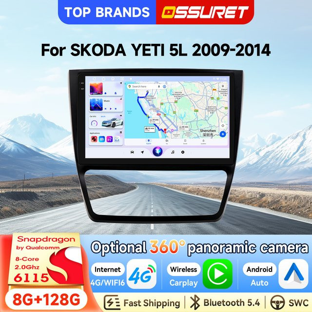 OSSURET Android 15 Autoradio für SKODA YETI 5L 2009-2014, 10,1 Zoll 2-Din-Headunit mit Qualcomm Snapdragon 6115 Octa-Core, GPS-Navigation, Bluetooth, Wireless Carplay und Android Auto, Schwarz - Bild 1