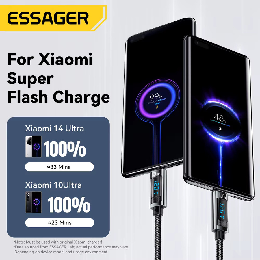 Essager USB-C Datenkabel mit Digitalanzeige 120W PD Super Flash Ladeleistung 6A in Schwarz oder Grau für Xiaomi, Redmi, POCO und iPhone 15 - Bild 2