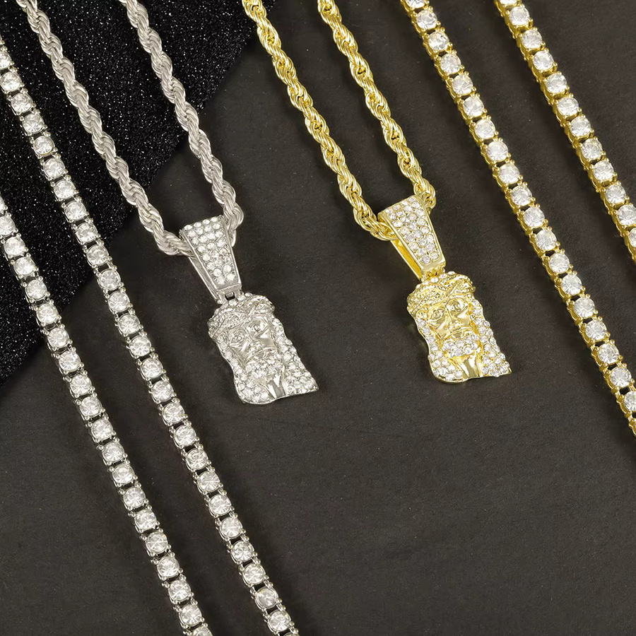 Halskette Set, Edelstahl, Jesus Anhänger, Seil & Tenniskette, Diamant, Zirkonia, Unisex - Bild 1