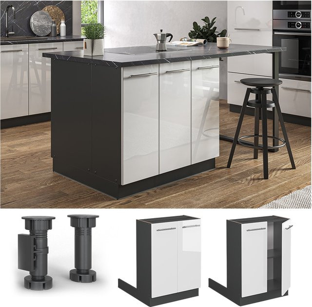 Vicco Küchenunterschrank Fame-Line Hochglanz in Anthrazit und Weiß mit 60 cm Breite und Softclose-Drehtüren - Bild 1