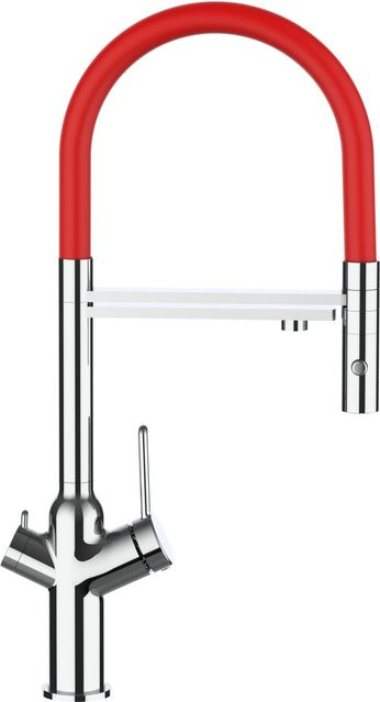 VIZIO 4-Wege Küchenarmatur mit 360° schwenkbarem Auslauf, abnehmbarer 2-Strahl Handbrause und Filterfunktion, Verchromt, Rot - Bild 1
