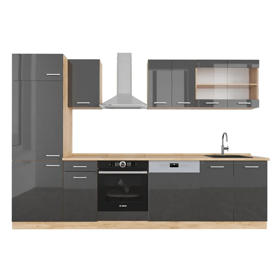 Vicco R-Line Küchenzeile Anthrazit Hochglanz und Goldkraft Eiche, Breite: 300 cm - Bild 2