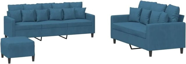 vidaXL 3-teilige Sofagarnitur aus Samt in Blau mit 2-Sitzer, 3-Sitzer und Ottoman sowie Kissen - Bild 1