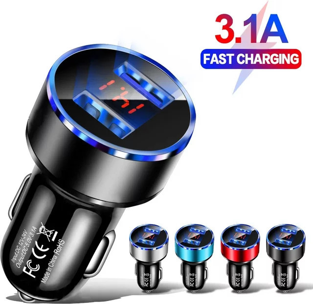 Dual-USB-Autoladegerät mit LCD-Display und Voltmeter, 3,1 A, 2-Port, Schwarz, 12–24 V - Bild 1