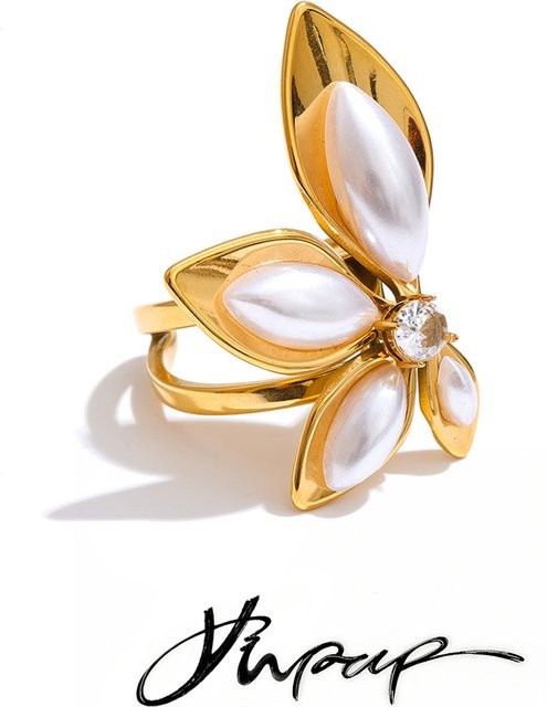 Yhpup Edelstahl-Ring, Perle, Gold, Blume - Bild 1