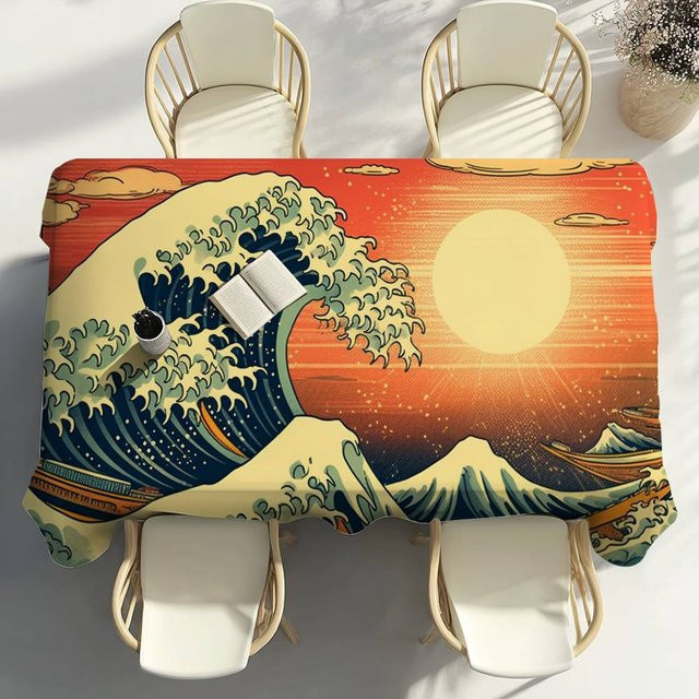 Wasserdichte und fleckenabweisende Tischdecke mit japanischem Wellen-Design von Fancy Style Studio, B/B: 140 x 180 cm, Mehrfarbig - Bild 1