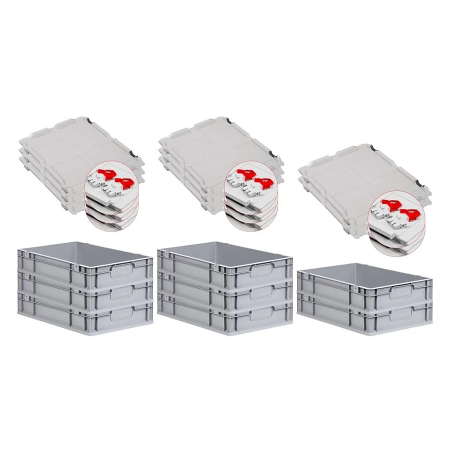 PROREGAL Spar Set 8x Eurobox Nextgen Economy mit Scharnierdeckel und roten Schiebeschnappverschlüssen, Grau, H x B x T: 12 x 40 x 60 cm - Bild 2