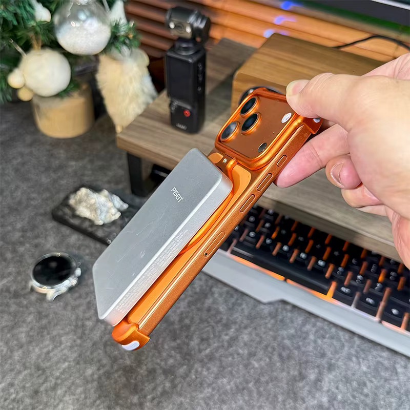 Magnetische Rahmenlose Aluminium Handyhülle mit drehbarer Halterung für iPhone 17 16 15 14 13 Pro Max in Orange - Bild 3