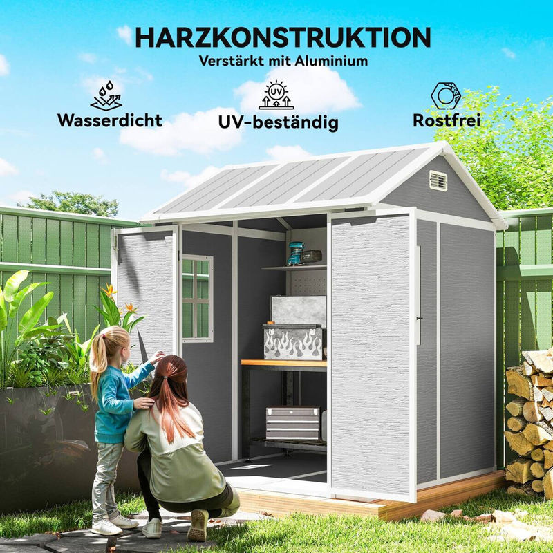 Outsunny Geräteschuppen mit Satteldach und Fenster in Grau, wetterfestes Gartenhaus mit Boden und abschließbarer Tür, B/T/H: 181 x 181 x 220 cm - Bild 5
