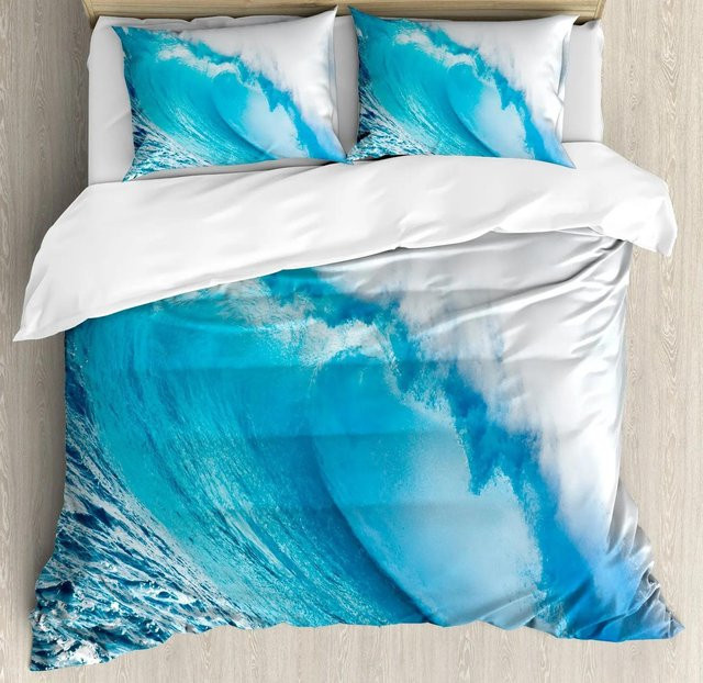 Bettbezug mit Kissenbezug von Jinmeige im 3D Meereswelle Design, Blau, B/H: 135 x 200 cm - Bild 1