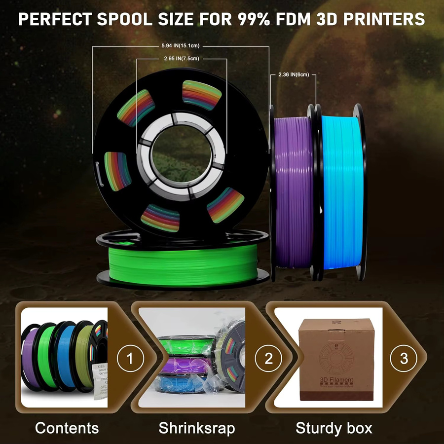 MANLANG 3D-Drucker Filament-Set PLA 1,75mm Leuchtend im Dunkeln, Mehrfarbig Grün Blau Lila Regenbogen, 4er-Pack (Gesamtgewicht: 1000g) - Bild 3
