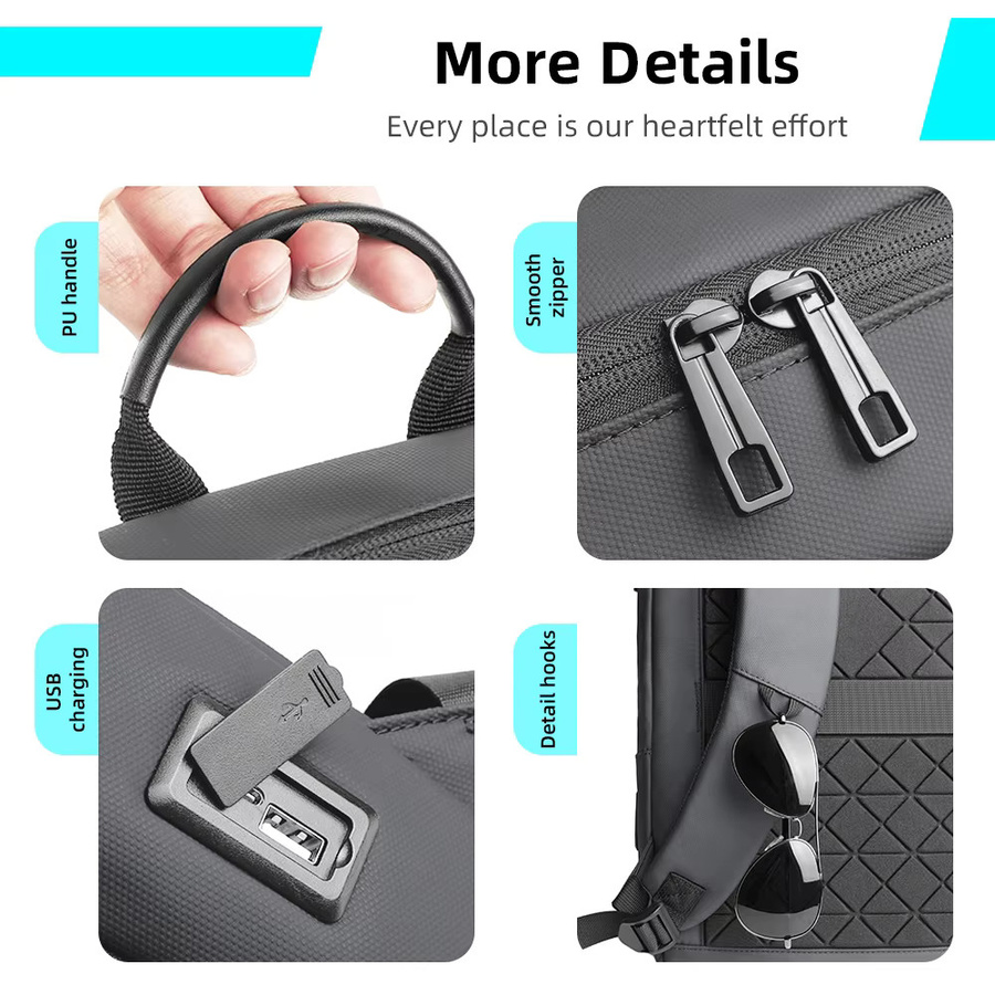 HK Business-Rucksack für Herren, wasserdichter Laptop-Rucksack für 15,6 Zoll mit USB-C-Anschluss und Diebstahlsicherung, Schwarz - Bild 5