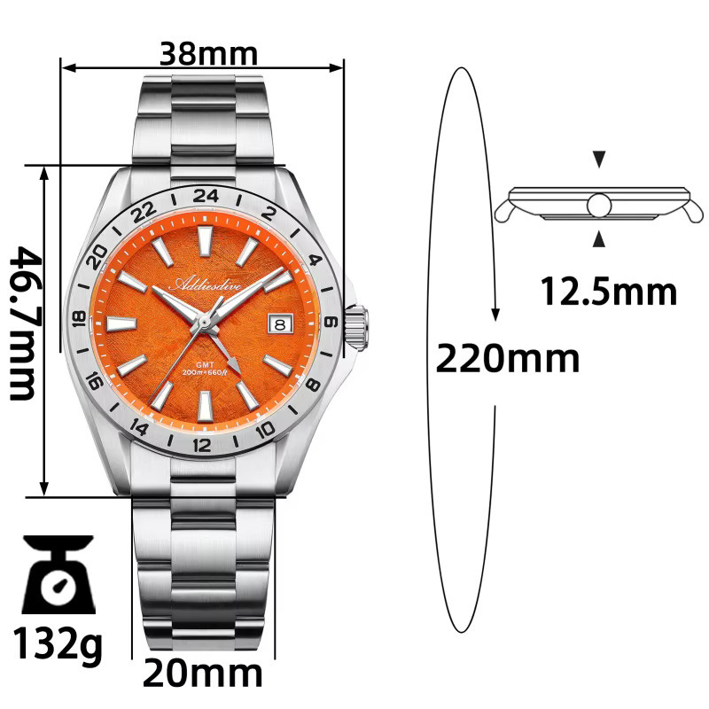 ADDIESDIVE GMT-Uhr, Quarz, Edelstahl, Saphirglas, 20 ATM, Herren - Bild 6