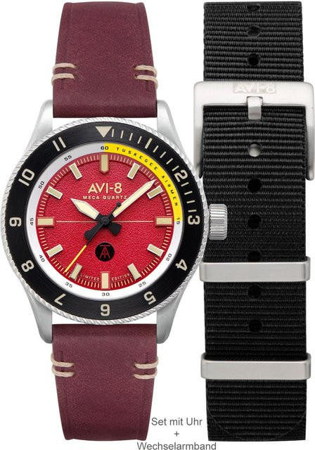 AVI-8 Herrenuhr, Quarz, Edelstahl, 40 mm, Leder, Rot, 5 ATM - Bild 1