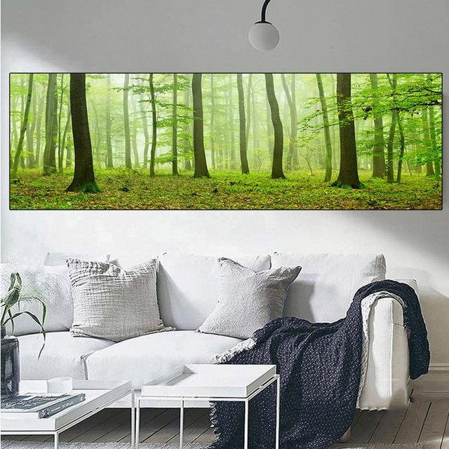 Nordic Minimalistische Leinwandmalerei Nebliger Kiefernwald Landschaft von Second Art Museum, Farbe: Grün, Breite: 40 cm, Höhe: 20 cm - Bild 1