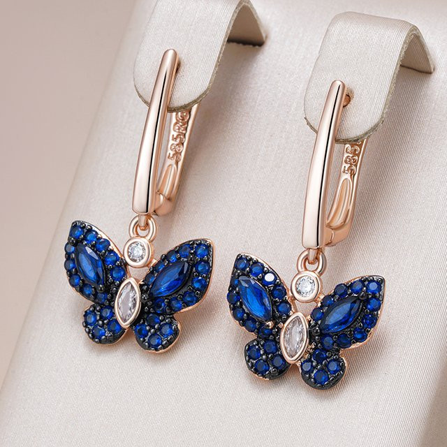 Kinel Ohrringe, Schmetterling, Tropfen, blaue Zirkon, 585 Roségold, Damen - Bild 1