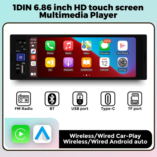 NAVIFANS 1-DIN Multimedia-Player mit 6,86 Zoll HD-Touchscreen, kabelloses Apple CarPlay und Android Auto, Bluetooth, AUX, Mirror Link, FM und Lenkradfernbedienung, Schwarz - Bild 1