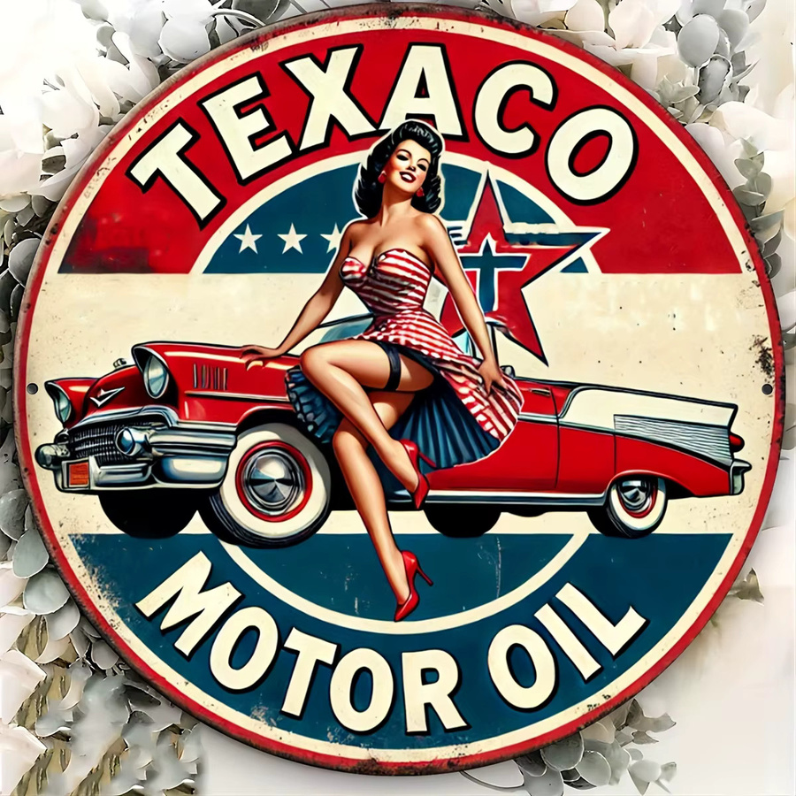 Potdemiel Texaco Motor Oil Vintage Aluminiumschild Retro Pin-Up Wanddeko aus Metall, Rund, Mehrfarbig, Durchmesser: 20 cm - Bild 2