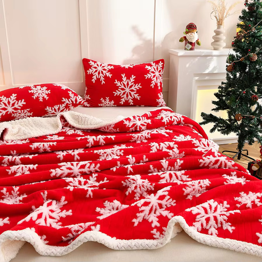 KDJEIKZ Fleece Decke mit Schneeflocken-Design in Rot, doppelschichtig und warm für Sofa und Bett, B/T: 150 x 100 cm - Bild 2