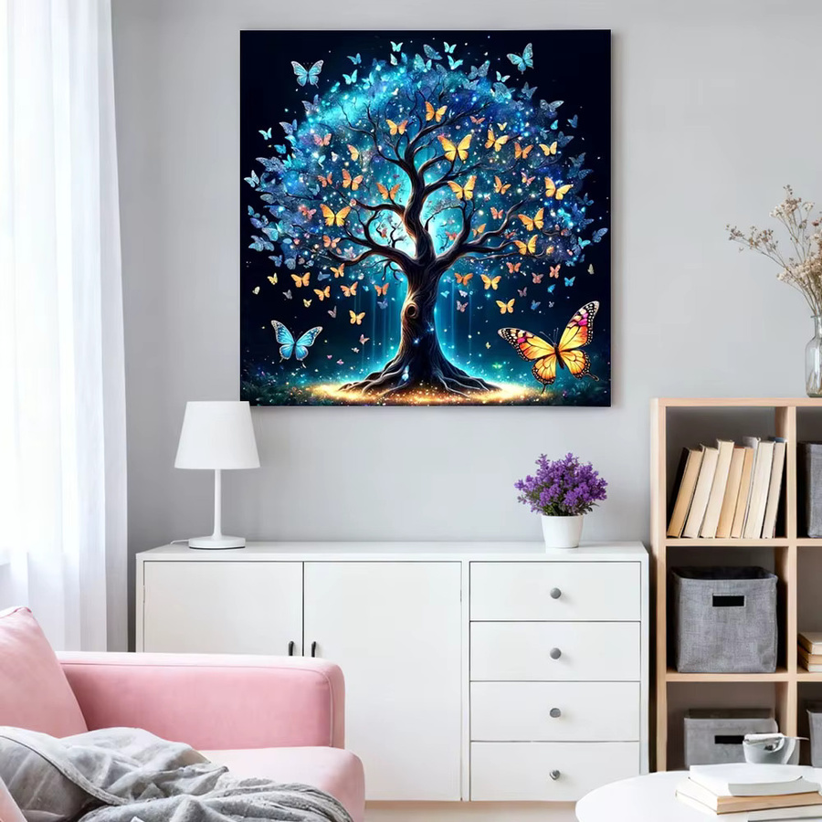 HUACAN Diamantmalerei Set Baum Landschaft mit Schmetterling und Tieren als Mosaik Wanddeko mit runden Steinen, B/H: 20 x 20 cm - Bild 3