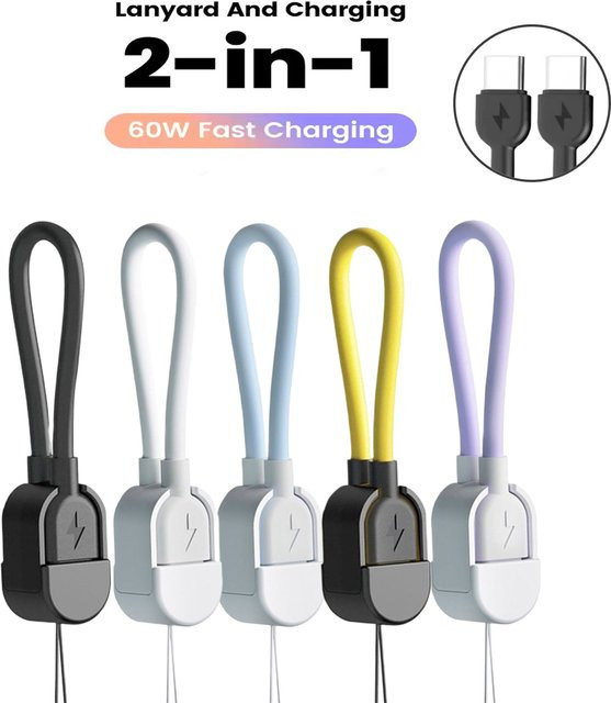 Resbyer USB-C auf USB-C Schnellladekabel mit PD 60 W, kurzes Schlüsselanhänger-Datenkabel in Schwarz, Länge: 16 cm - Bild 1