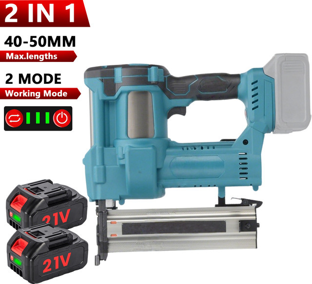 DWiusty 2-in-1 Bürstenloser Elektrischer Nagel- und Klammerautomat F15-50 / K410-438 in Blau mit 4 Betriebsmodi, kompatibel mit Makita-Akkus, inklusive 2 Akkus, Ladegerät und Akkustandsanzeige - Bild 1