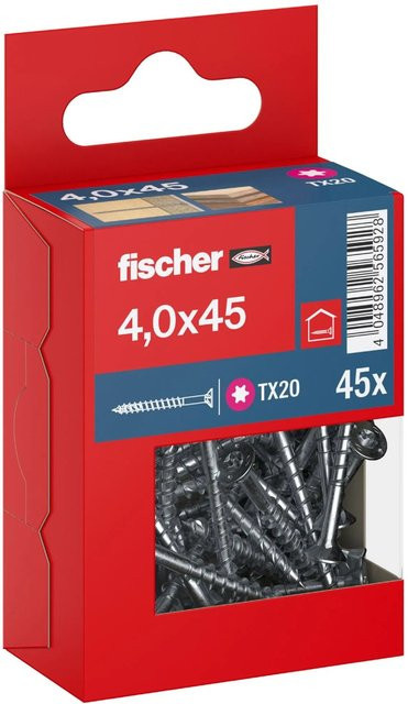 Fischer PowerFast II Senkkopf Schraube mit Torx-Antrieb, Teilgewinde, verzinkter Stahl, Farbe: Silber/Blau, Durchmesser: 4 mm, Länge: 45 mm, 45 Stück - Bild 1