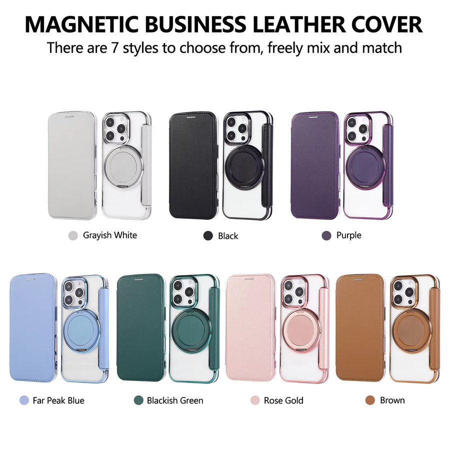 Magnetische Ledertasche mit 360 Grad drehbarem Ständer und LED-Funktion als Flip-Cover für iPhone 12 bis iPhone 17 Air in Pink und Braun - Bild 5