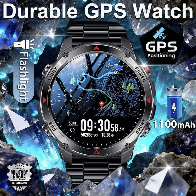 GUHUAVMI Smartwatch Schwarz mit GPS-Kompass, 1100mAh Akku und 3ATM Wasserdichtigkeit für Outdoor und Sport - Bild 1