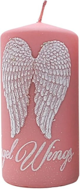 Dekohelden24 Stumpenkerze mit Engelsflügeln in Weiß und Pink, Kommunionkerze und Grabkerze aus Wachs, H x B: 15 x 7 cm - Bild 1