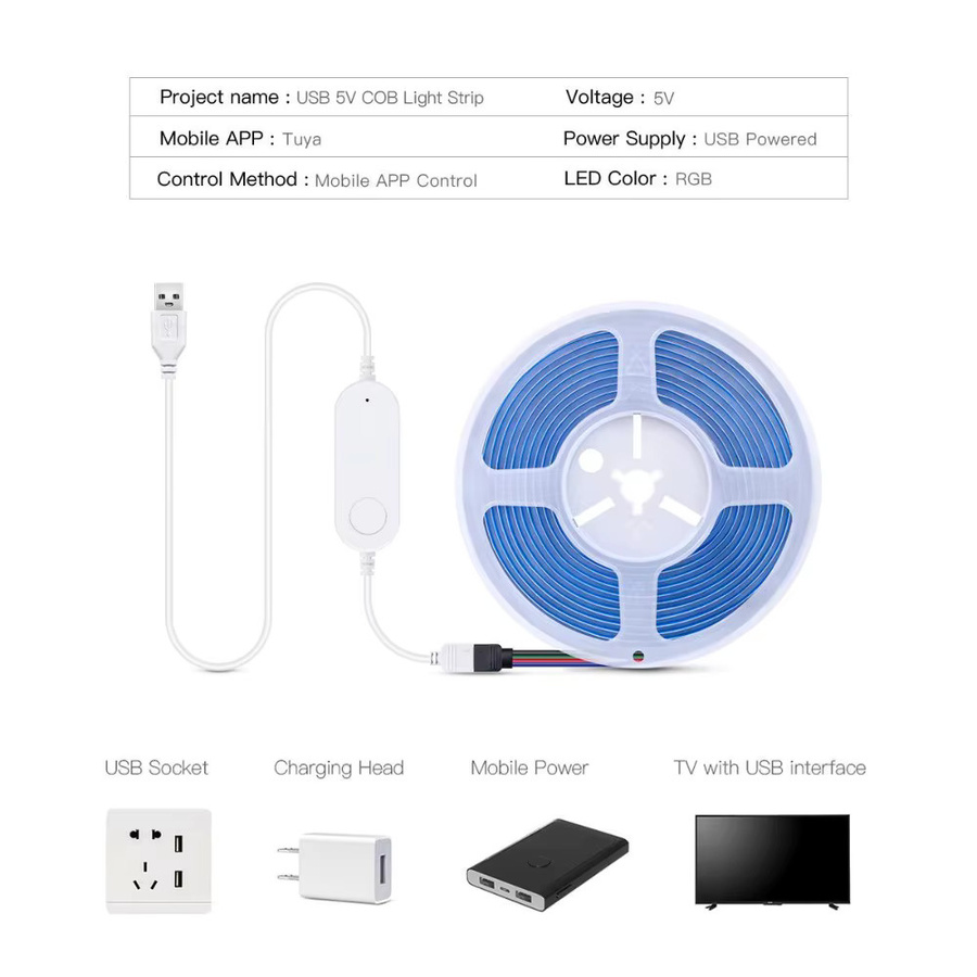 YSRSAI Tuya WiFi RGB COB LED-Streifen mit 576 LEDs, dimmbar, USB-Anschluss, intelligente Sprachsteuerung für Alexa und Google Assistant, Multicolour TV-Hintergrundbeleuchtung zur Raumdekoration - Bild 2
