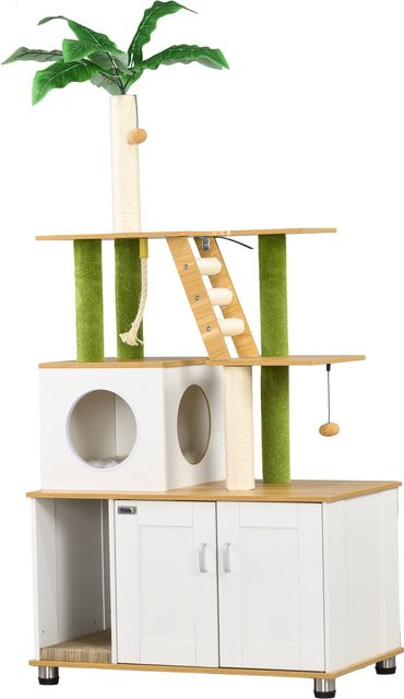 PawHut 2-in-1 Katzenbaum und Katzenschrank für die Katzentoilette in Eiche mit Katzenhaus, Treppe, Kratzstamm und Spielball, Höhe: 160 cm - Bild 1