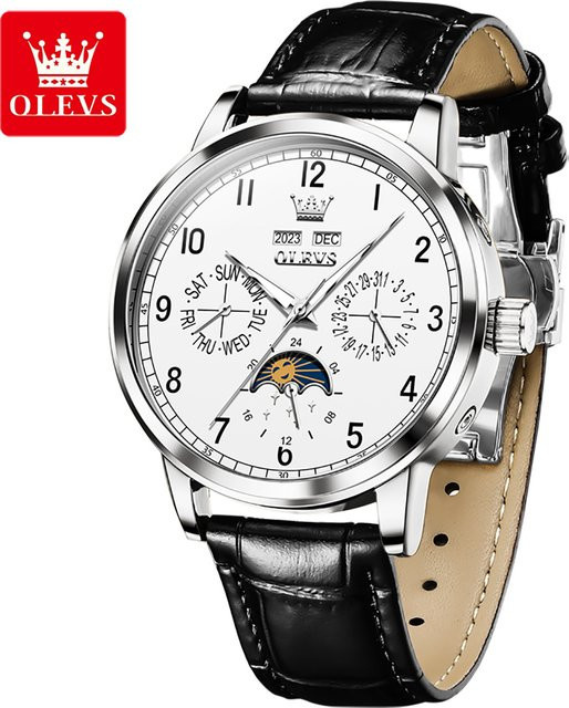 OLEVS Armbanduhr, Automatik, Edelstahl, Leder, Mondphase, Herren - Bild 1