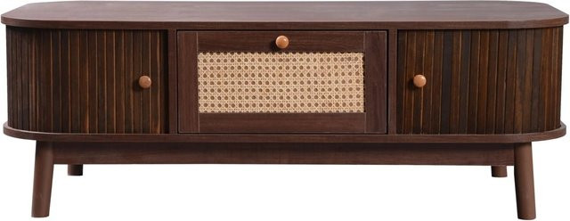 okwish Couchtisch aus Massivholz und Rattan in Braun mit Schubladen, rustikaler Kaffeetisch, B/T: 124 x 64 cm - Bild 1