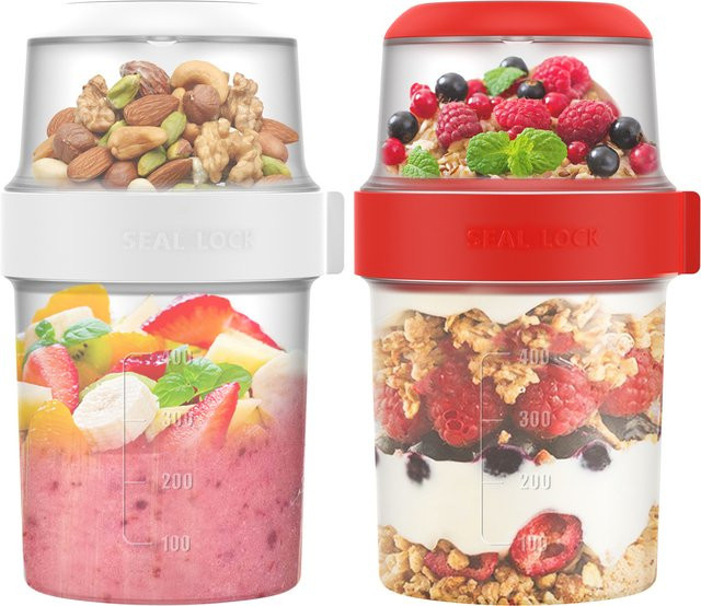 Willstar 2er-Pack Frühstücksbecher für unterwegs, doppellagige Joghurtbecher aus Kunststoff, auslaufsicher und wiederverwendbar, Farben: Rot und Weiß, B/T/H: 18,0 x 8,3 x 2,0 cm - Bild 1