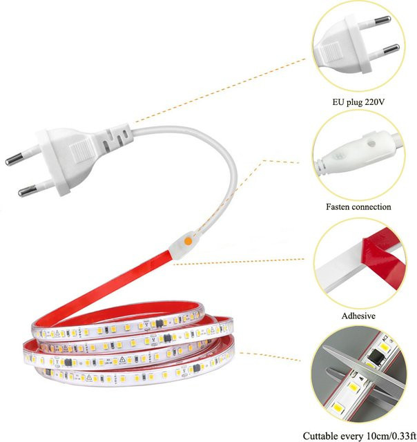 WAAJEA LED-Streifenlicht 220 V mit 120 LED/m, flexibler SMD 2835 LED-Streifen aus PVC, schneidbar, ideal für Schrank, Kleiderschrank und Heimdekoration - Bild 1