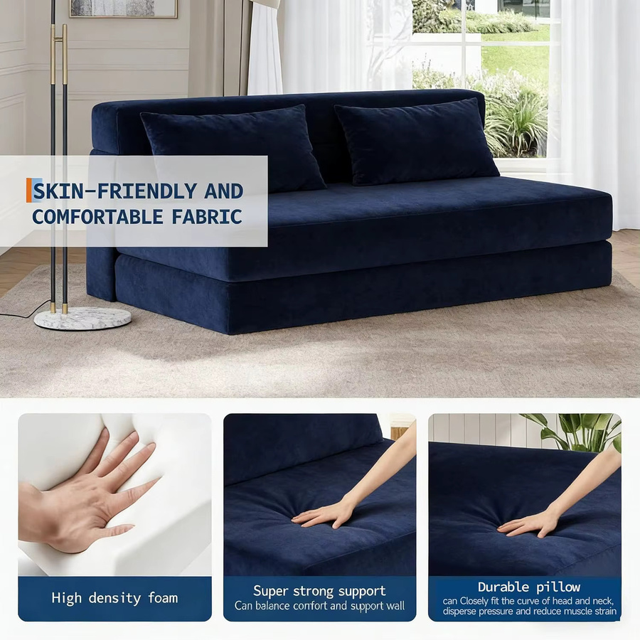 Garvee 2-in-1 Samt-Schlafsofa als 2-Sitzer mit 2 Kissen, ausziehbares Bodensofa mit abnehmbarem Waschbezug, Blau, B/T/H: 200 x 150 x 15 cm - Bild 4