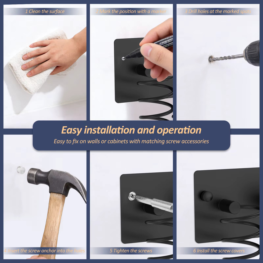 Everso 3-in-1 Haartrocknerhalter aus Metall für die Wandmontage, Universeller Badezimmer-Organizer für Haarwerkzeuge und Lockenstäbe, Schwarz - Bild 4
