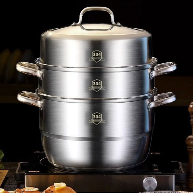 BAIJL Dreistufiger Dampfgarer aus Edelstahl 304 in Silber, mehrschichtiger Doppelboden-Topf für Induktionsherd und Gas, Höhe: 40,5 cm, Breite: 37,0 cm - Bild 1