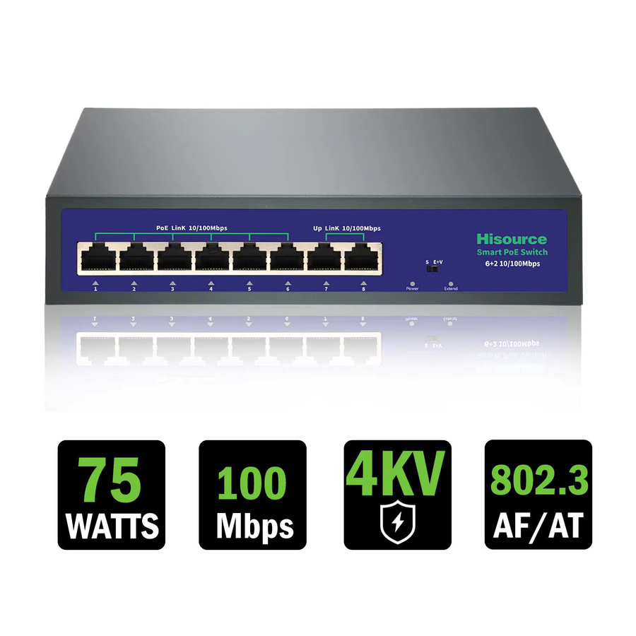 Hisource 6-Port PoE-Switch mit 9 Ports, 10/100 Mbit/s, 78 W bis 120 W, IEEE802af/at und VLAN für IP-Kameras und NVR - Bild 4
